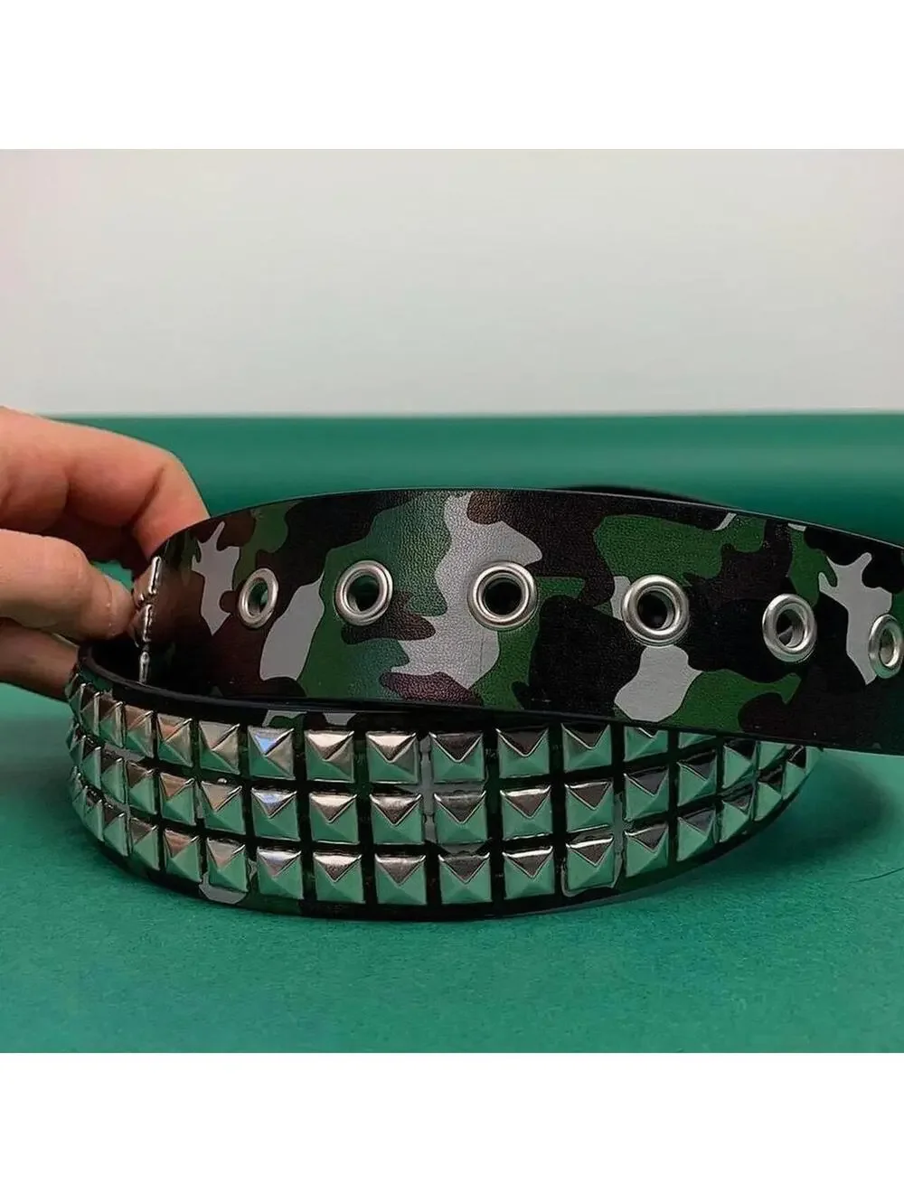 Vintage y2k 2000s Punk Style green camoDiamond Studded black essential belt